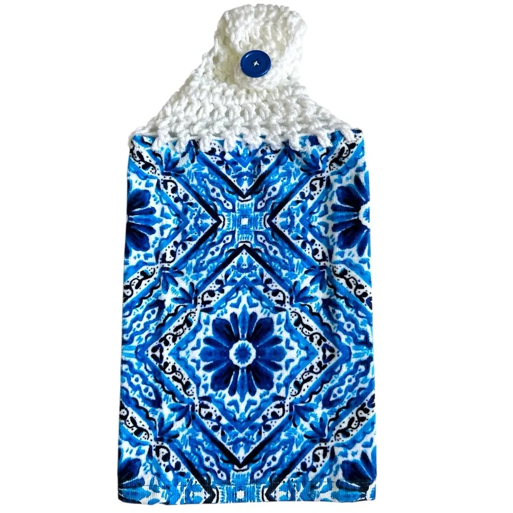 Hand Crafted Colorful Blue Floral Retro Hanging Hand Towel Crochet Top